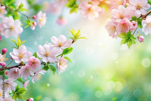 Spring themed background with pastel flowers and green leaves