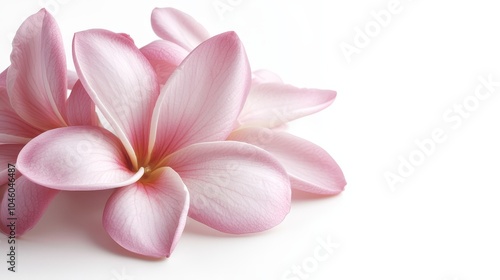 Close-up of a single daisy and pink plumeria, isolated on white background, elegant floral design perfect for beauty or fragrance advertisements