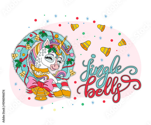 Unicorn in Christmas wreath and lettering jingle bells vector card