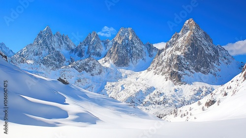 Snow-covered mountain peaks with a crystal clear blue sky