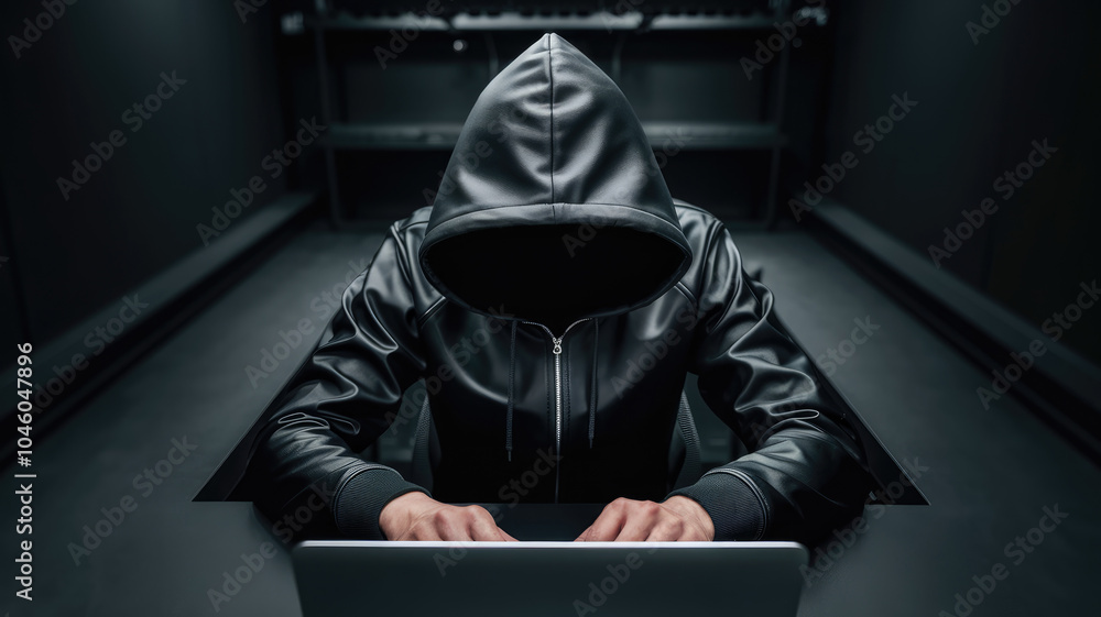 A man is typing on a laptop in a dark room. He is wearing a black hoodie and has his head down. Scene is mysterious and secretive A man is typing on a laptop in a dark room. He is wearing a black hoodie and has his head down. Scene is mysterious and secretive