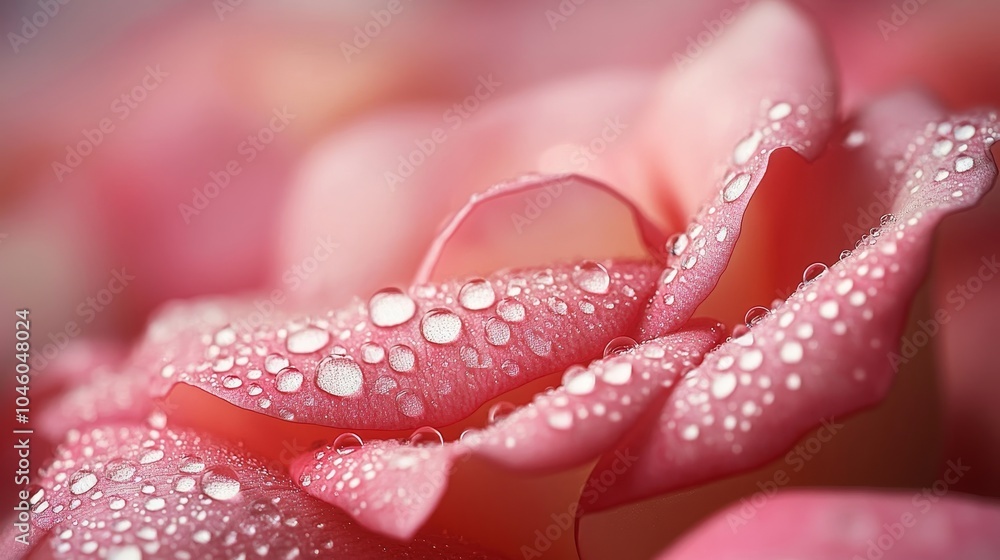 Macro shot of delicate pink rose petals with shimmering dew drops reflecting soft morning light Macro shot of delicate pink rose petals with shimmering dew drops reflecting soft morning light