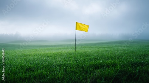 Mysterious golf course shrouded in fog, vibrant yellow flag standing amidst lush green grass, eerie atmosphere under a cloudy sky, nature at dawn