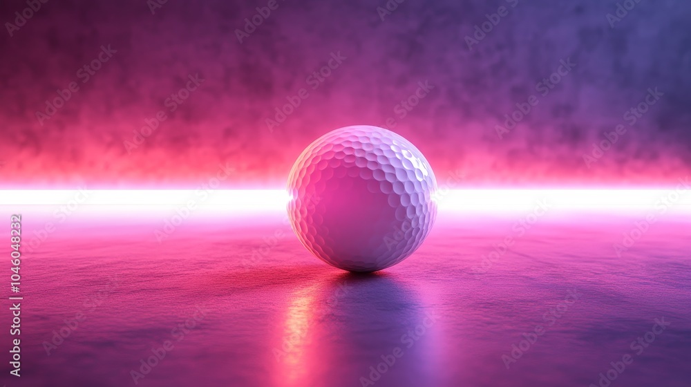 Realistic 3D rendering of a white golf ball in mid-air, with a lone pink hue subtly glowing around its edges, reflecting off the dimly textured surface Realistic 3D rendering of a white golf ball in mid-air, with a lone pink hue subtly glowing around its edges, reflecting off the dimly textured surface