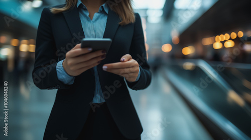 Businesswoman using smartphone and laptop to view innovation reports, digital graphs, analyze market changes and investments during holidays.