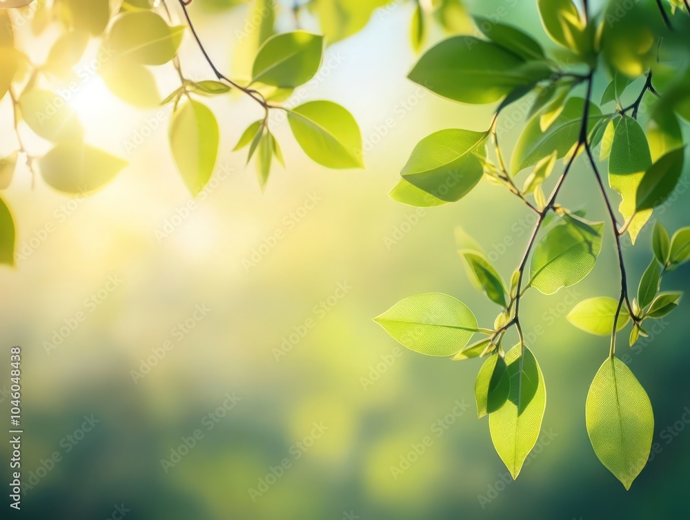 Obraz premium Green leaves and branches with a subtle sunlight effect