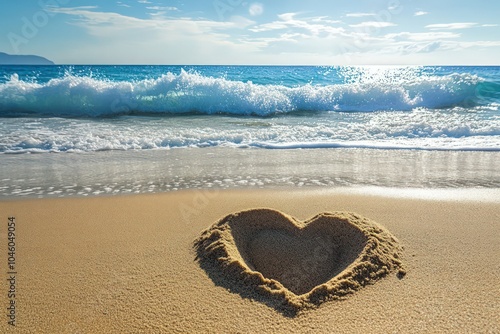 Heart in the sand with ocean waves in the background, beach theme photo