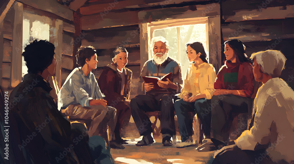 Elder telling stories to family members, who are gathered around listening. illustrations Elder telling stories to family members, who are gathered around listening. illustrations