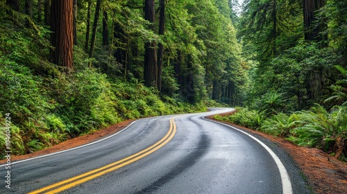 Scenic road in Redwood National Forest with vibrant greenery, panoramic view