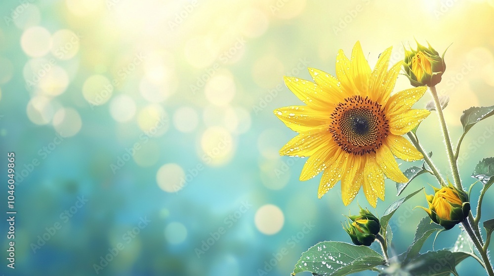 Obraz premium A clear photo of a sunflower from a sunlit angle, featuring a blue sky with soft background light