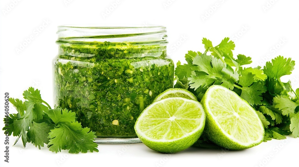 A jar of cilantro, limes, and parsley adjacent to a jar of pickled cilantro A jar of cilantro, limes, and parsley adjacent to a jar of pickled cilantro
