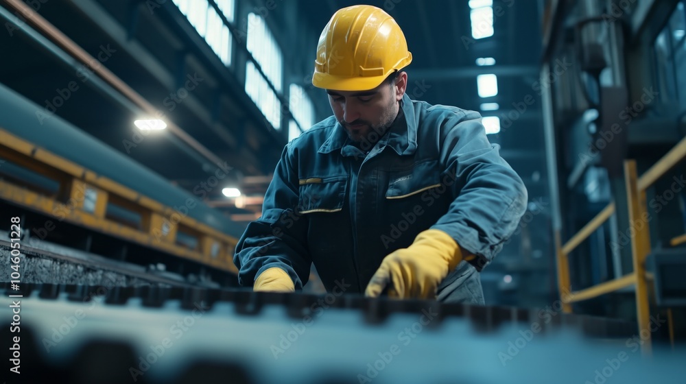Factory worker operating machinery in industrial manufacturing setting Factory worker operating machinery in industrial manufacturing setting