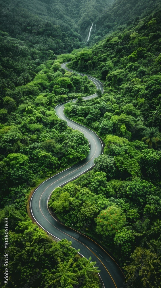 Winding road through a lush forest. AI. Winding road through a lush forest. AI.