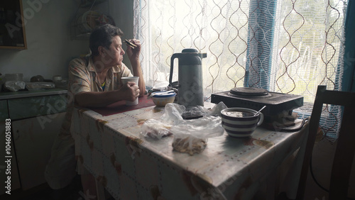Elderly woman drinking tea in the kitchen of a poor village house.