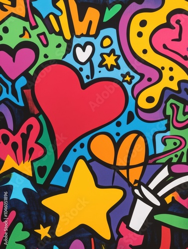 A lively collection of colorful icons, including hearts, stars, and arrows, creating an energetic and playful artistic expression. Generative AI