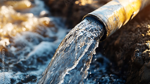 Water pipe in water field discharge Clear Water flowing from a pipe closeup 