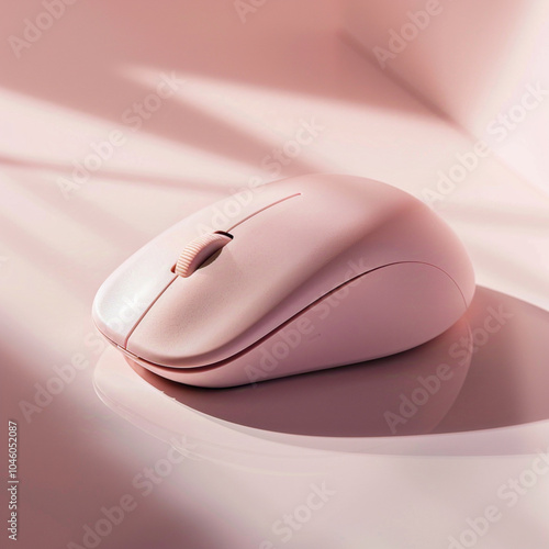 wireless mouse in fine detail. The mouse is minimalist of a light pastel colour and lays on a glossy white table , close-up shot with studio lighting photo