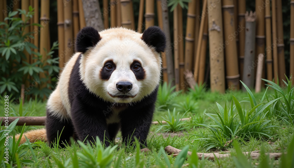 Obraz premium Curious panda bear in bamboo forest habitat