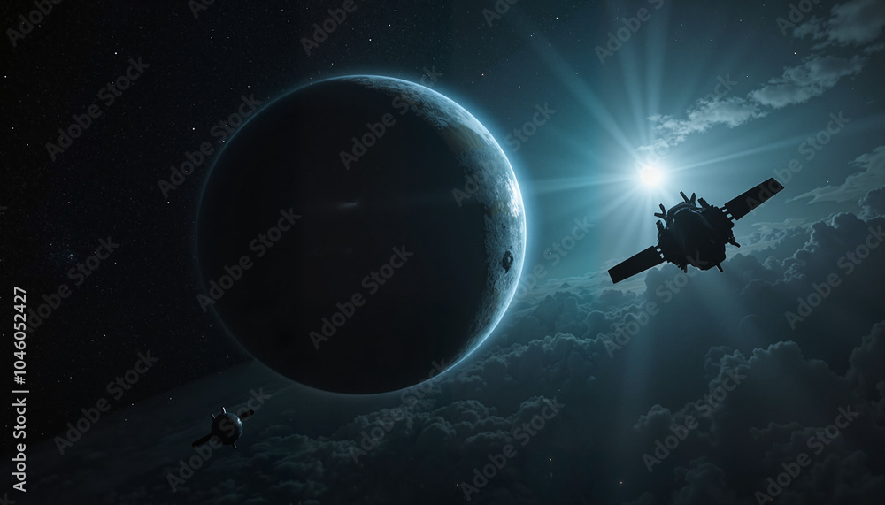Satellite orbiting planet in starry space with bright sunlight Satellite orbiting planet in starry space with bright sunlight