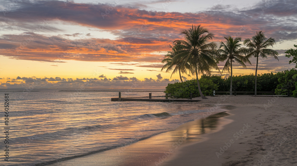 Fototapeta premium Tropical Beach Sunset With Palm Trees And Calm Waves