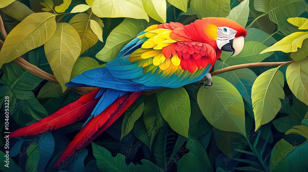 Obraz premium A vibrant parrot sat on a leafy branch, surrounded by lush green foliage