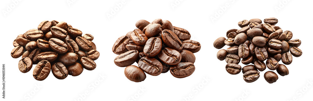 PNG Varieties of Roasted Coffee Beans on Display Isolated on Transparent Background PNG Varieties of Roasted Coffee Beans on Display Isolated on Transparent Background