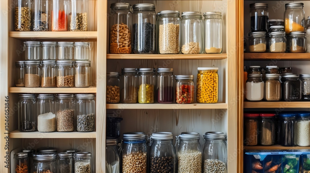 Pantry Shelves Organized with a Variety of Glass Storage Containers Pantry Shelves Organized with a Variety of Glass Storage Containers