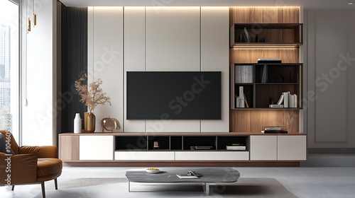 TV cabinet and storage space in a living room with a white wall 