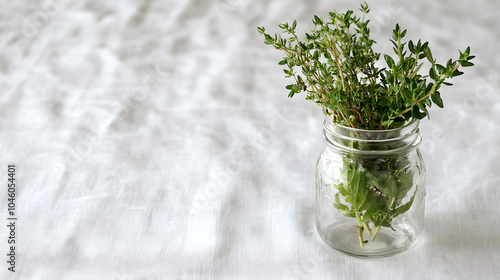 Fresh Thyme Herbs in Glass Jar on White Linen Tablecloth
