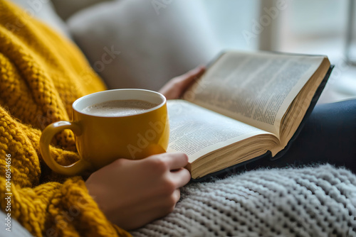 Person reading a book while holding a warm drink, enjoying a quiet. illustrations 