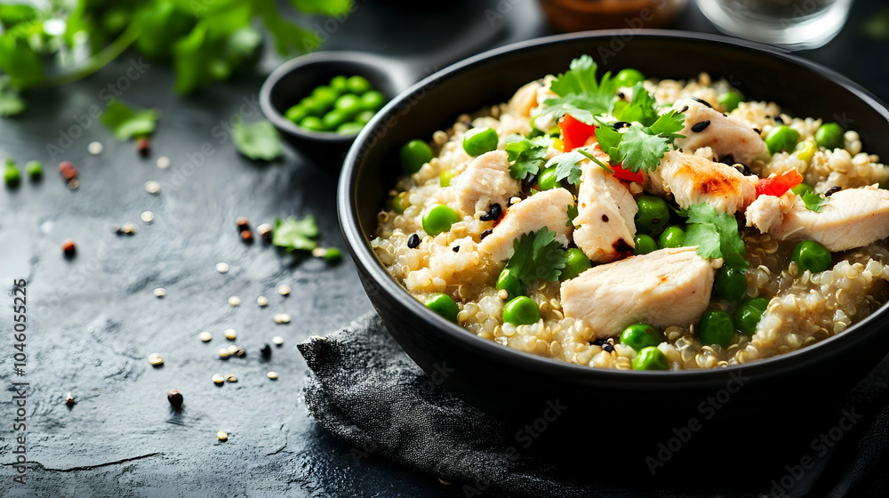 Quinoa porridge with chicken and green peas, close-up with space for text. illustrations Quinoa porridge with chicken and green peas, close-up with space for text. illustrations