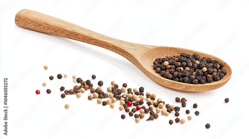 A close-up of a wooden spoon holding black pepper and whole peppercorns, isolated on white background A close-up of a wooden spoon holding black pepper and whole peppercorns, isolated on white background