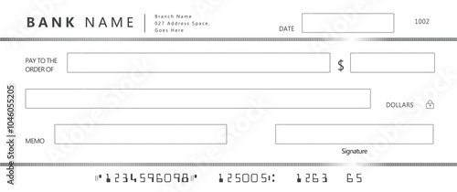 Blank bank check, checkbook cheque template with blue guilloche, vector mockup. Money payment bank check voucher or pay cash cheque certificate, account bill paycheck	