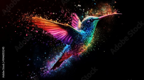 hummingbird fly on black background with colorful powder nectar video stock 