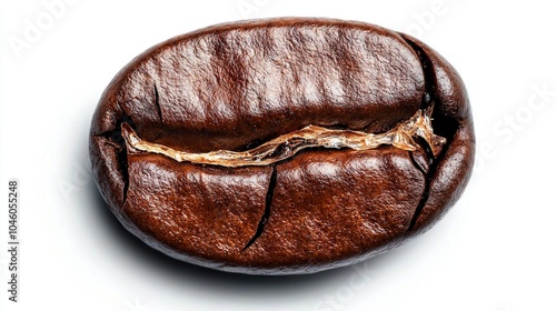  A focused photo of a coffee bean with a stick of wood protruding from its core on a white background