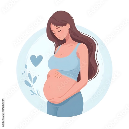 A flat, isolated illustration of a pregnant woman with leaves in the background. Ideal for maternity, wellness, and nature-themed projects. Clean and modern, perfect for digital use. 