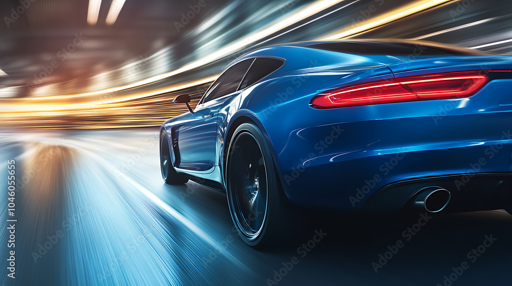 Rear view of blue Business car on high speed in turn Blue car rushing along a high speed highway Rear view of blue Business car on high speed in turn Blue car rushing along a high speed highway