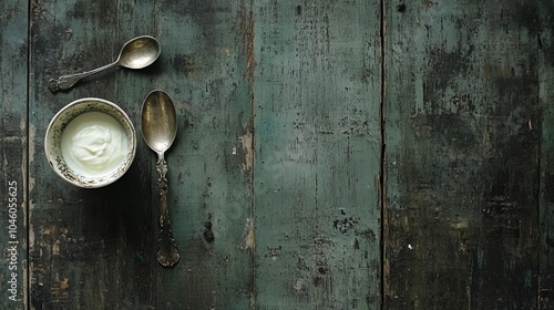 A silver spoon rests alongside a bowl of yogurt on an antique wooden table