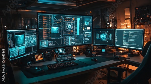 Cybersecurity Workstation with Multiple Monitors