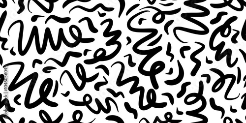 Fun line doodle seamless pattern. Monochrome wave pattern. Black white wallpaper