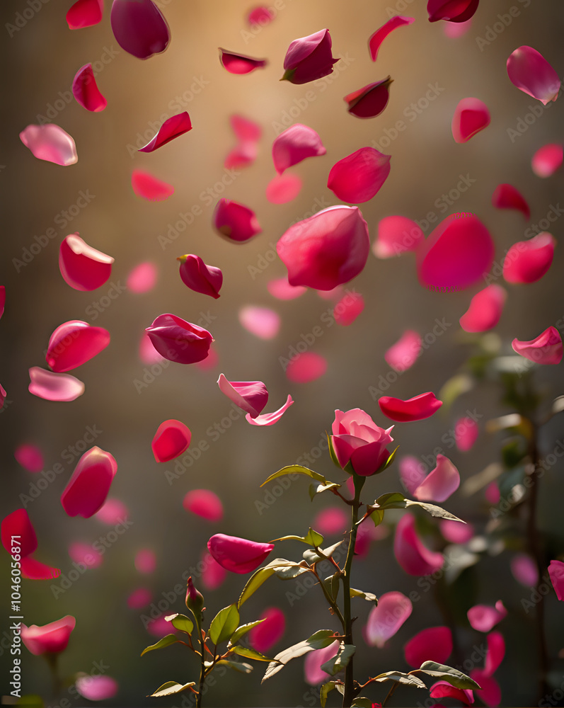 Red rose petals flying in the air at sunset with sun rays Red rose petals flying in the air at sunset with sun rays