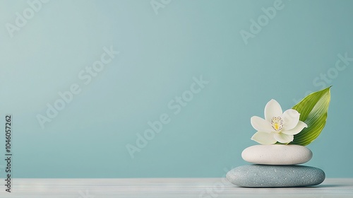   White flower on green leaf atop white and gray rock, with another green leaf on top