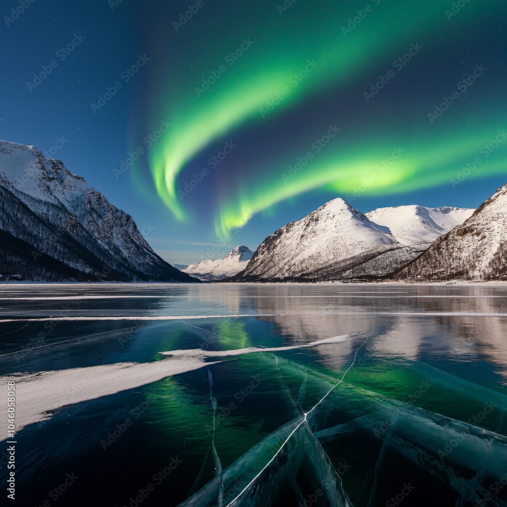 Naklejka premium Frozen lake surrounded by snow-capped mountains and glowing auroras in the sky