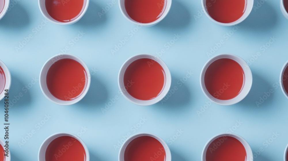 Several red cups aligned against a light blue backdrop, with cup tops filled with red liquid Several red cups aligned against a light blue backdrop, with cup tops filled with red liquid