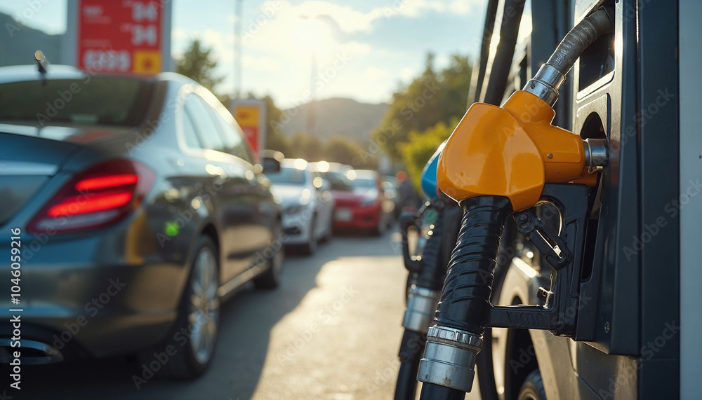 A vibrant gas station scene captures a busy petrol pump with a bright fuel nozzle in use.
A vibrant gas station scene captures a busy petrol pump with a bright fuel nozzle in use.