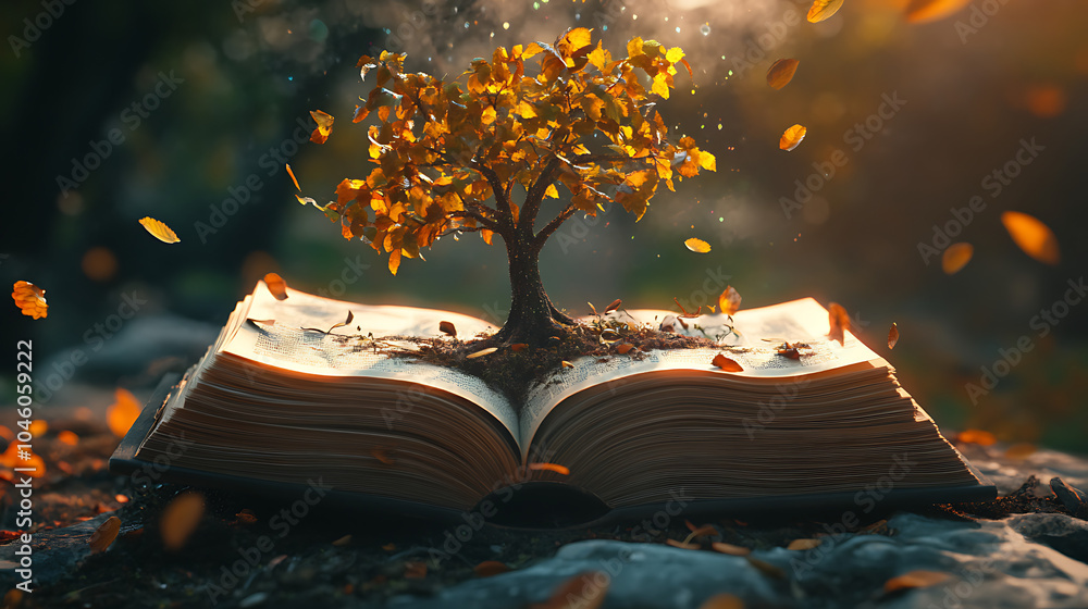 Naklejka premium an open book with tree growing out of it 