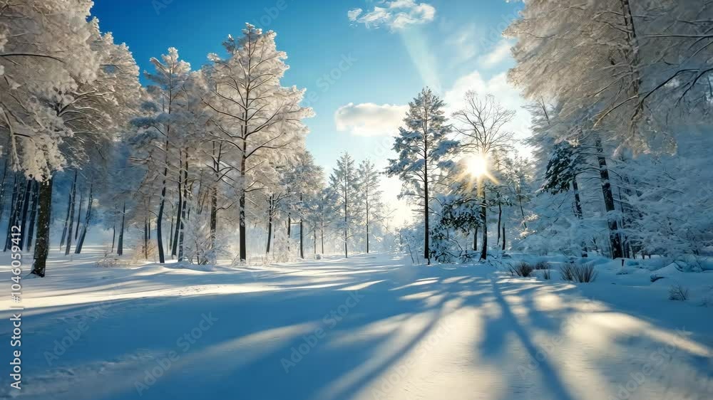 Snow-covered forest under a clear blue sky, with the sunlight reflecting off the frost-covered branches and trees. . Video Snow-covered forest under a clear blue sky, with the sunlight reflecting off the frost-covered branches and trees. . Video