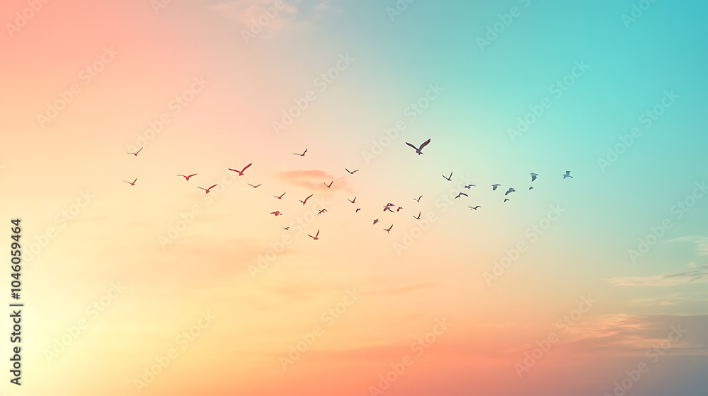 Obraz premium abstract beautiful peaceful summer morning sky background sunrise new day and flying flock of birds
