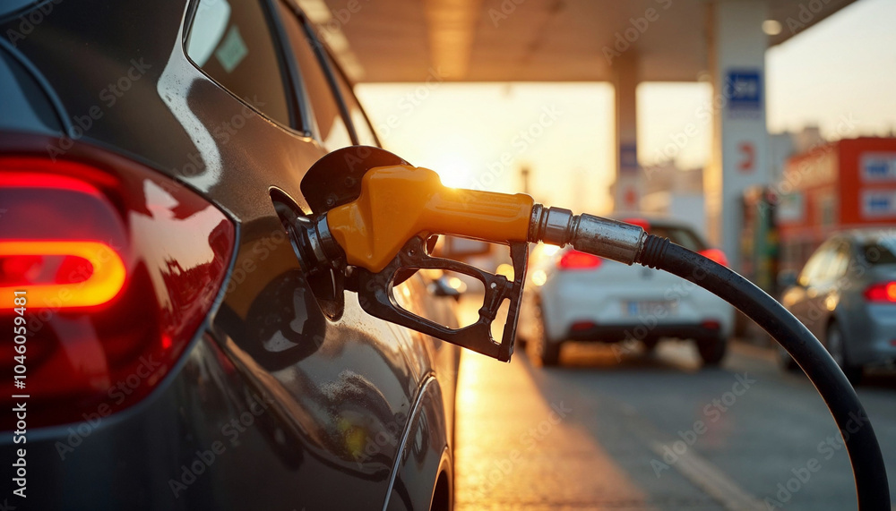 A vibrant gas station scene captures a busy petrol pump with a bright fuel nozzle in use.
A vibrant gas station scene captures a busy petrol pump with a bright fuel nozzle in use.