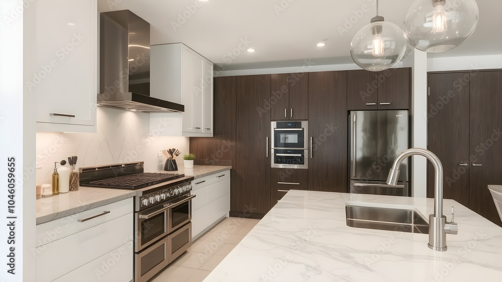 A contemporary kitchen with high-end appliances, marble countertops, and stylish lighting fixtures, emphasizing clean lines and sophistication. A contemporary kitchen with high-end appliances, marble countertops, and stylish lighting fixtures, emphasizing clean lines and sophistication.